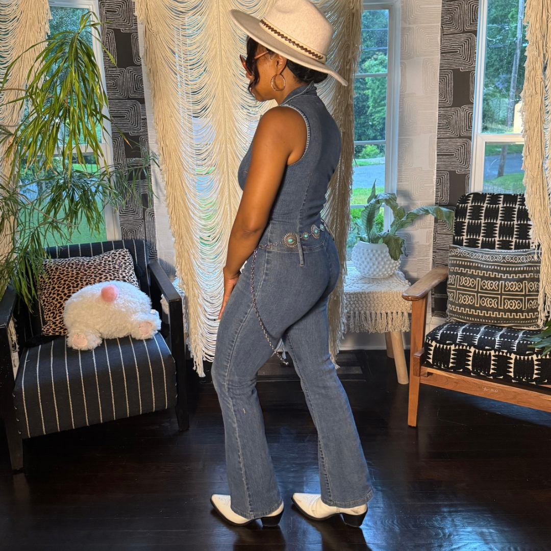 Iconic 90s Vibe: Vintage Lace-Up Bootcut Denim Jumpsuit