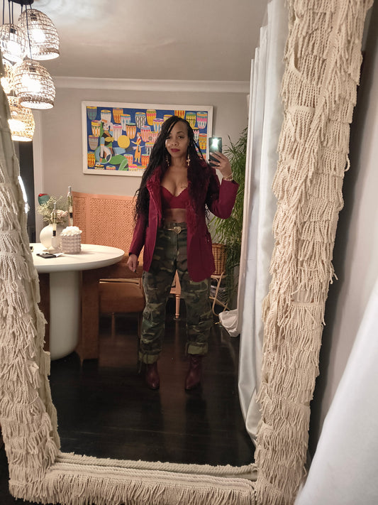 Upcycled Vintage 1970s Burgundy Blazer with Faux Fur Collar – Tailored for Women - KingandLola