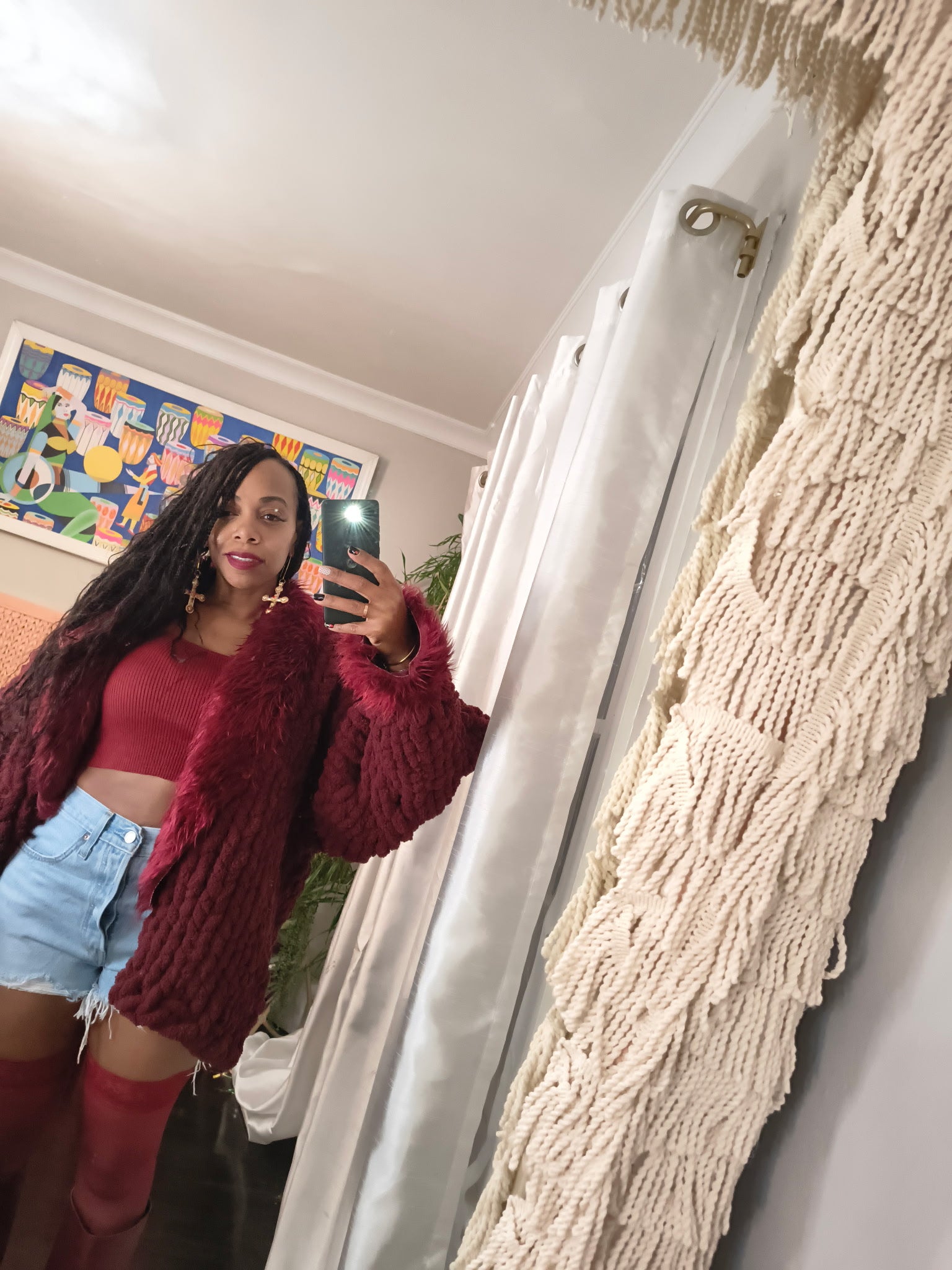 Burgundy Midi Crochet Sweater with Faux Fur| Boho Cozy Style - KingandLola