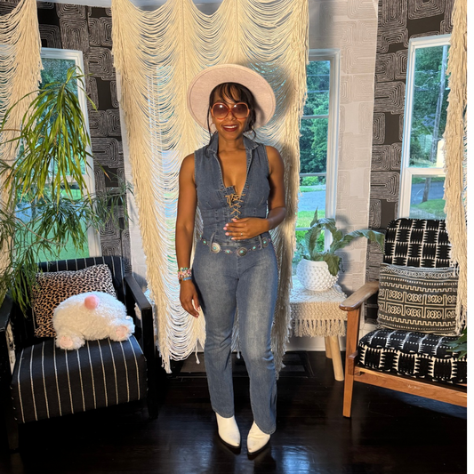 Iconic 90s Vibe: Vintage Lace-Up Bootcut Denim Jumpsuit