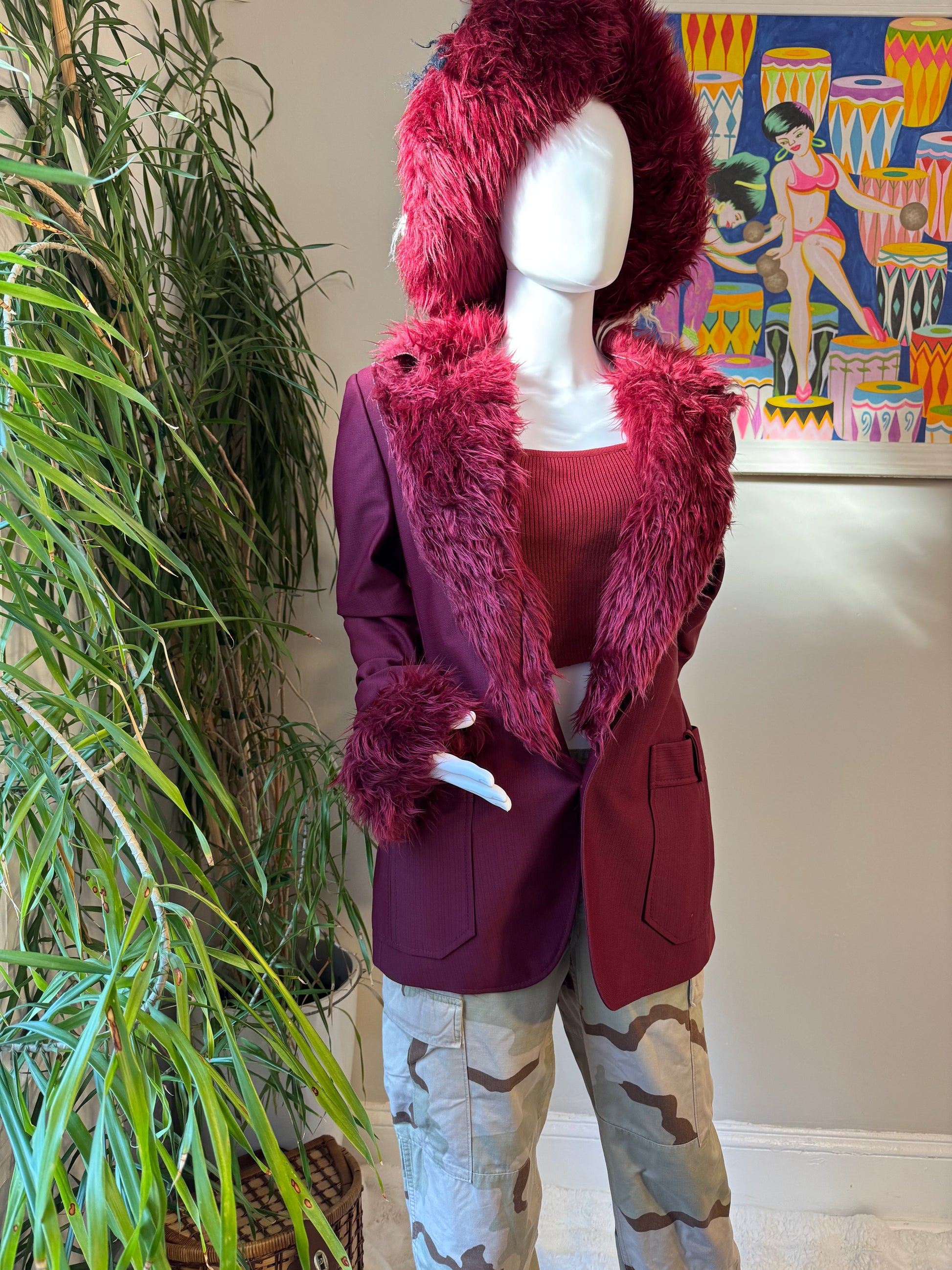 Upcycled Vintage 1970s Burgundy Blazer with Faux Fur Collar – Tailored for Women - KingandLola