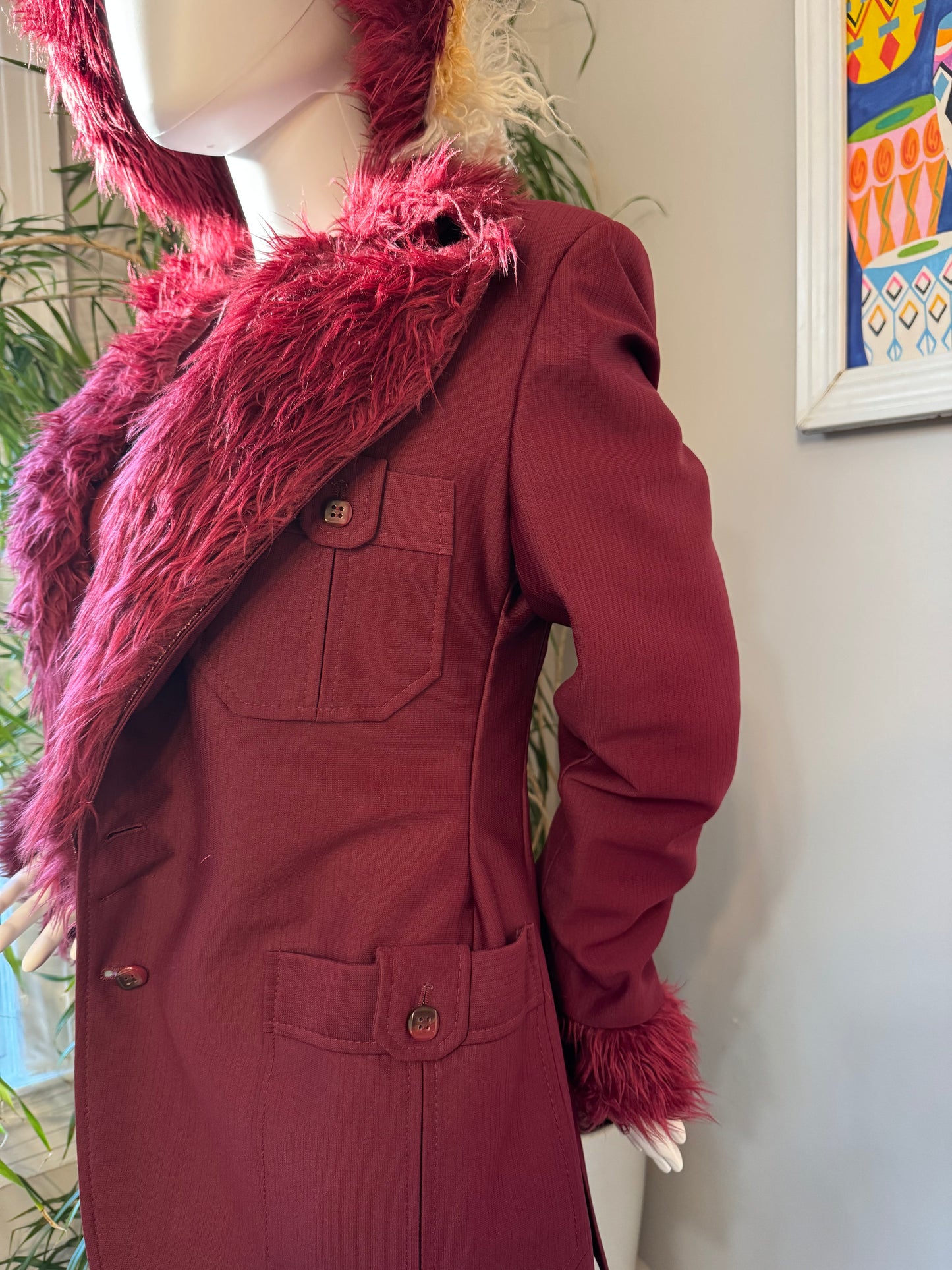 Upcycled Vintage 1970s Burgundy Blazer with Faux Fur Collar – Tailored for Women - KingandLola