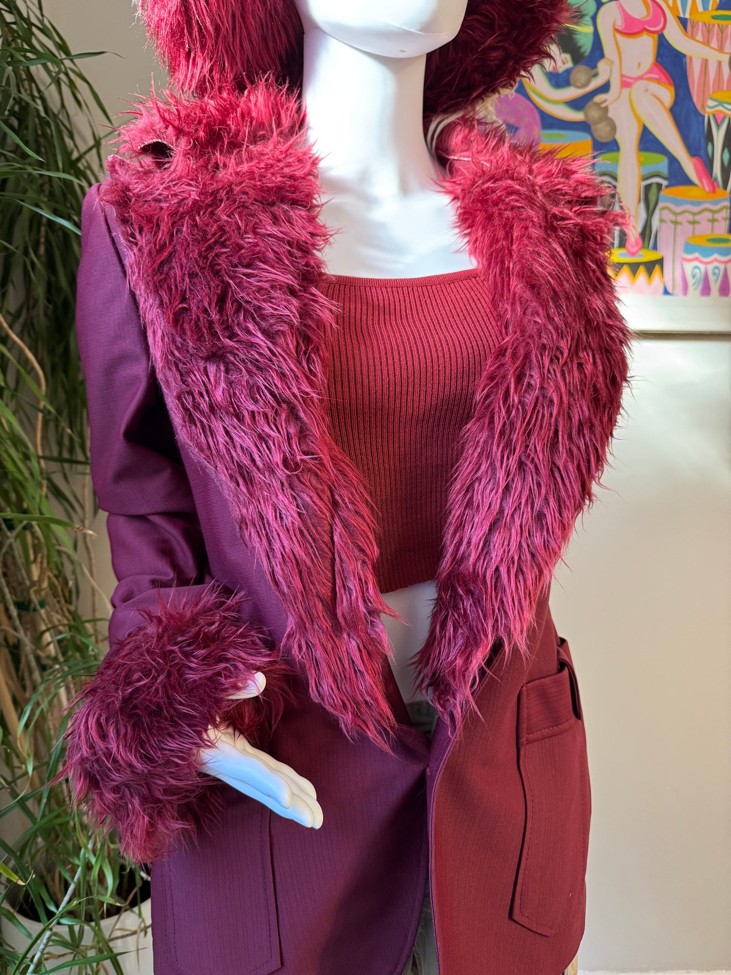 Upcycled Vintage 1970s Burgundy Blazer with Faux Fur Collar – Tailored for Women - KingandLola